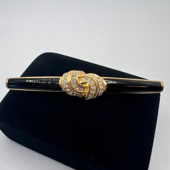 Christian Dior Black Enamel Bar Knotted Crystal Center Brooch - Picture 1 of 8